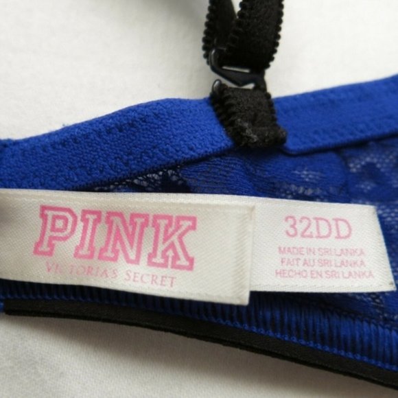 Pink VICTORIA'S SECRET Push Up Padded Underwire Blue Lace Bra - Size 32 DD - Picture 5 of 5